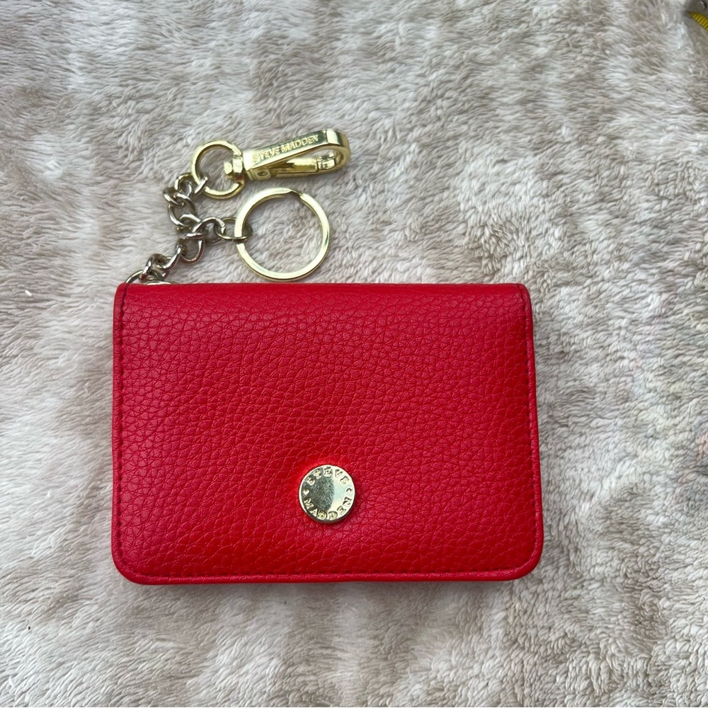 Steve Madden Red Pebbled Leather Card Case with Gold Keyring
